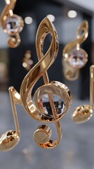 Fototapeta premium Elegant Golden Musical Notes Luxury Treble Clef Crystal Accents Abstract Background