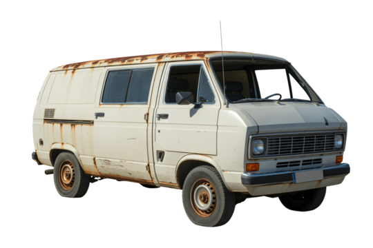 Old rusty white van isolated on transparent background, vintage damaged cargo vehicle with corrosion. - Powered by Adobe