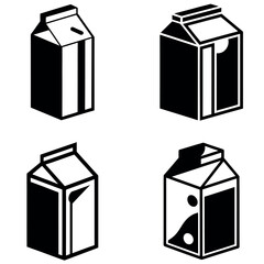 Four Black and White Isometric Milk Carton Designs Isolated on White Background, Set