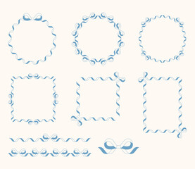 Art & IllustrationSet of decorative frames made of blue ribbon bows. Round and square borders with cute curly ribbon design. Perfect for invitations, cards, and scrapbooking.