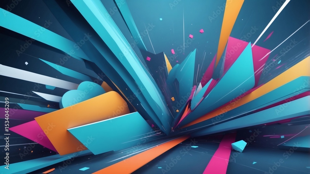 Poster Abstract dynamic shapes, bursts of vibrant colors forming an energetic composition.  Lines radiate outwards, creating a sense of motion and depth