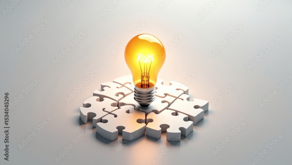 Poster an illuminating lightbulb positioned on a collection of puzzle pieces, the concept of creativity and