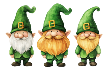 Festive gnomes celebrating St Patricks Day with green hats and colorful beards in a cheerful, whimsical style perfect for decorations and crafts