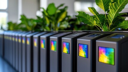 Servers in a render farm are generating abstract colorful images with plants growing on top, in and sustainable a futuristic environment