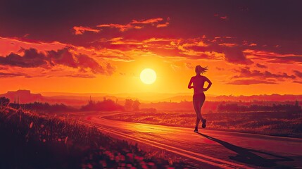 Female athlete sprinting on scenic road at sunset, running for endurance, outdoor fitness training 