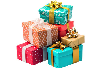 Fototapeta premium Colorful stack of gift boxes arranged on a white background for festive celebrations and special occasions