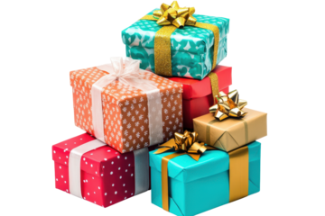 Colorful stack of gift boxes arranged on a white background for festive celebrations and special occasions