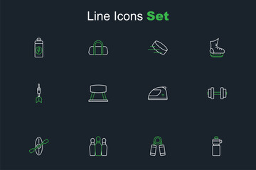 Set line Fitness shaker, Sport expander, Bowling pin, Kayak paddle, Dumbbell, Racing helmet, Pommel horse and Dart arrow icon. Vector