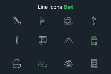 Set line Closed door, House, Roulette construction, Toolbox, Chimney, Worker safety helmet, Brick wall with trowel and Pencil eraser icon. Vector
