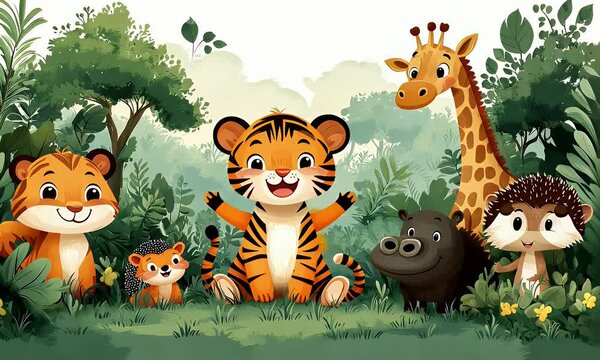 Group of cute jungle animals with smiling tiger family and friends in green tropical forest cartoon style. Children concept