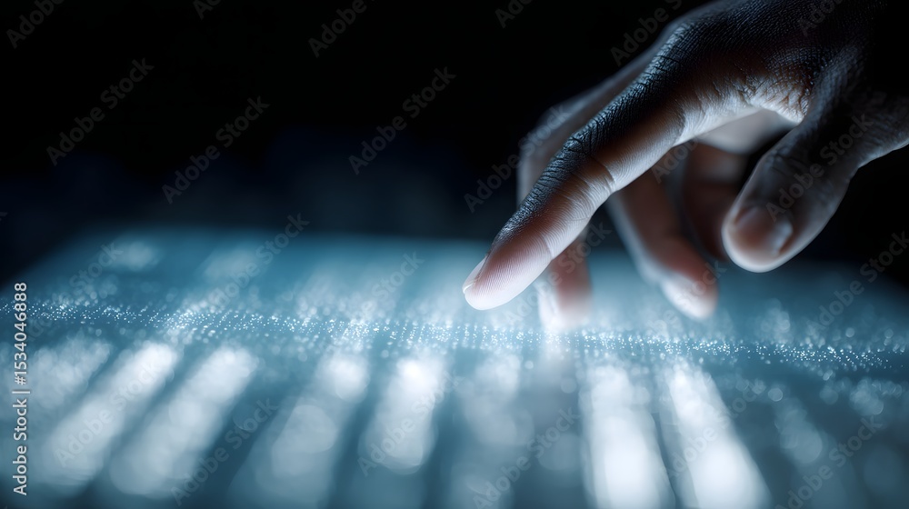 Poster a hand hovering above a holographic panel displaying transaction records