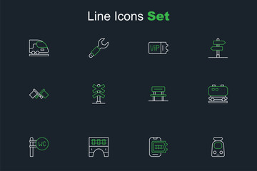 Set line Train and railway, Online ticket booking, Bridge for train, Toilet, Oil cistern, Waiting hall, Railroad crossing and Flag icon. Vector
