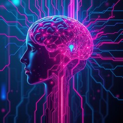 Futuristic Digital Brain with Neon Circuitry and Data Network, Artificial Intelligence Technology