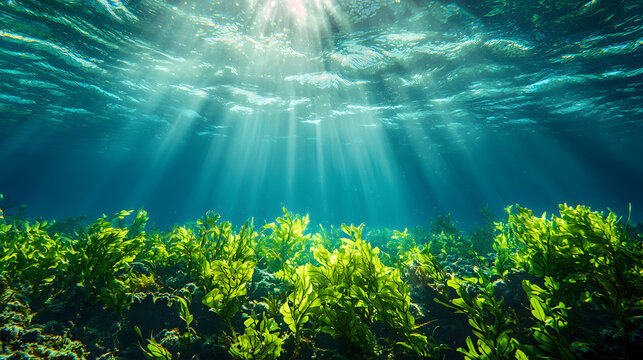 Seaweed and natural sunlight underwater seascape in the ocean. landscape with seaweeds