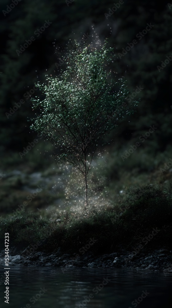 Poster a floating tree hologram with digital particle effects