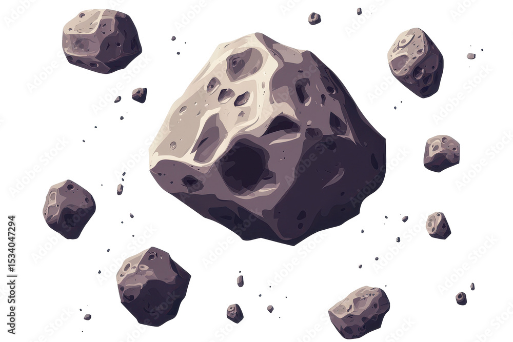 Poster realistic vector illustration of a stone asteroid belt with various sized asteroids floating in spac