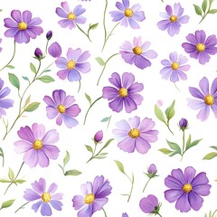 Delicate purple cosmos flower pattern on white background.