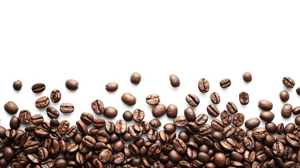 Group of coffee beans on white surface, illustration Group of coffee beans falling 3D render of roasted coffee beans lying against white background, Generative AI

