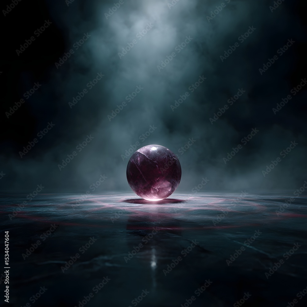 Poster glowing crystal orb hovering over a ritual circle with subtle light lines