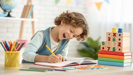 little boy drawing with crayons