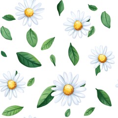 Delicate white daisies and green leaves create a whimsical floral pattern.