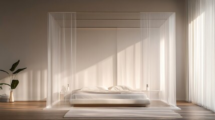 modern Scandinavian-inspired bedroom framed by transparent partitions, bright interior lighting and soft shadows on natural textures