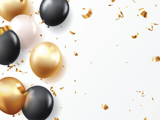 Black and gold balloons with confetti for invitation cards, celebration banner