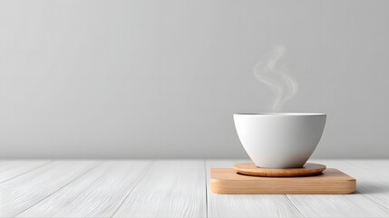 Fototapeta premium Elegant steam rises from a delicate cup of pour-over Burundi coffee, presented on a wooden coaster, inviting a moment of simple, aromatic pleasure and calm.