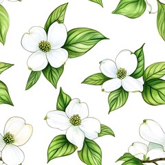 Delicate white flowers and lush green leaves form a seamless pattern.