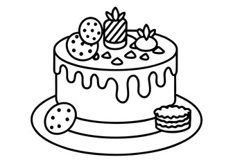 chocolate cake with a hand pouring milk on the cake, isolated on a line art vector illustration	