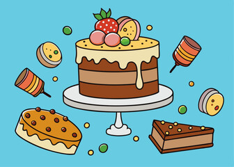 Chocolate flowing on brownie vector illustration isolated on white background.