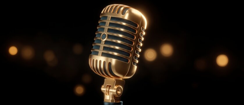 Golden Retro Microphone  Studio Recording  Broadcast  Podcast  Music  Radio  Audio  Vintag