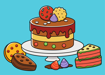 chocolate birthday cake with chocolate glaze and nuts vector illustration