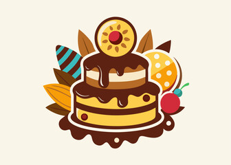 chocolate birthday cake with chocolate glaze and nuts vector illustration