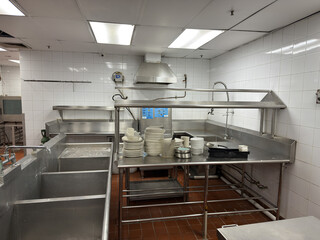 Clean stainless steel kitchen setup with washing stations and ample counter space for food preparation and plates