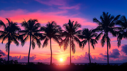 Obraz premium Silhouette of palm trees at tropical sunrise or sunset