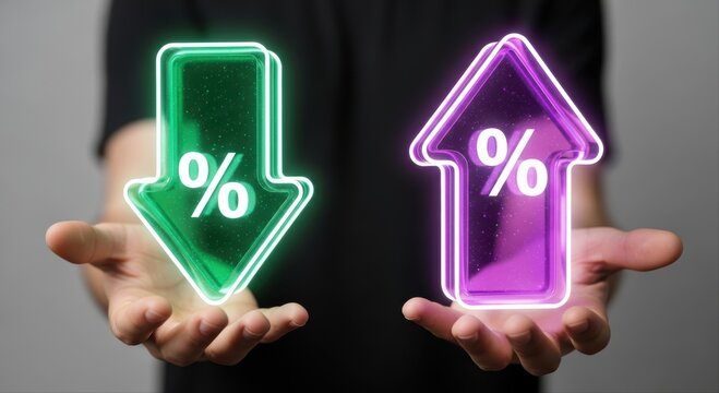 Hands holding glowing neon percentage arrows for financial increase and decrease concepts