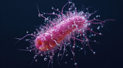 Obraz premium Pink microorganism with filaments surrounded by water droplets against a dark background A detailed microscopic view