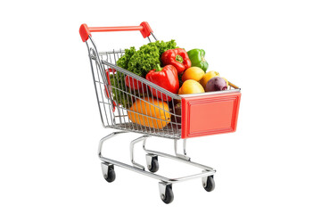 Supermarket shopping cart filled with colorful fresh fruits and vegetables on a white background