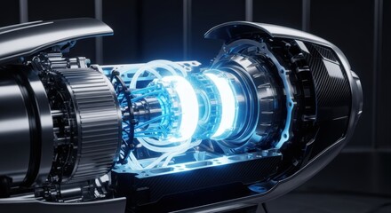 Futuristic mechanical engine with glowing blue light and advanced internal components