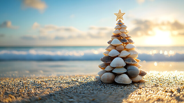 Small seashell christmas tree on the beach with copy space