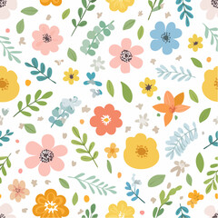 Cute hand drawn floral seamless green pattern background