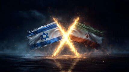 Israel and Iran Flags Clashing with Fiery X on Dark Background