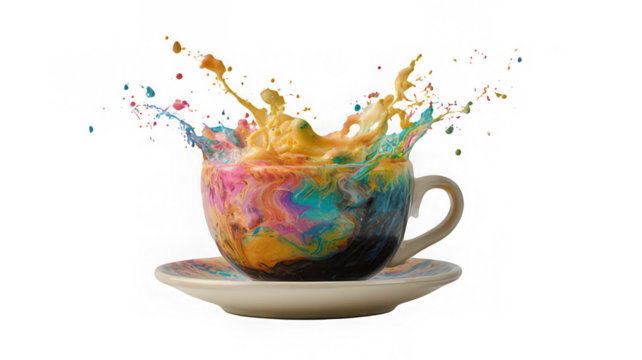 Colorful splash, coffee cup, vibrant liquid, isolated transparency