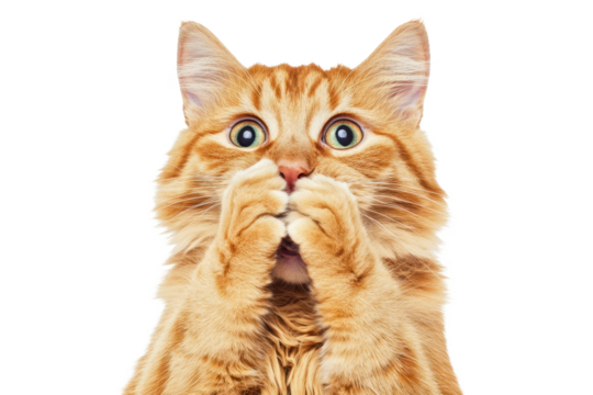 Surprised cat covering its mouth with paws, displaying a shocked expression in a bright indoor setting during daylight hours