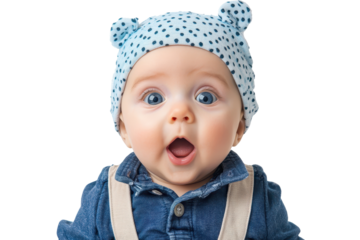 Surprised happy cute baby with striking blue eyes wearing a polka dot hat and denim outfit, expressing joy and wonder in a bright setting