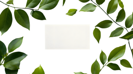 Fresh green leaves bordering white rectangular space on background ideal for  product presentation and nature inspired design concepts