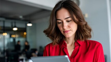 Focused Professional Woman: A young woman with shoulder-length brown hair, dressed in a red blouse, attentively reviews information on her tablet. Her expression is serious and focused. - Powered by Adobe