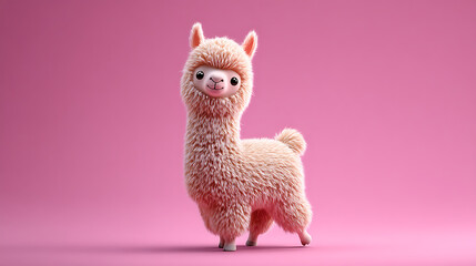 Cute cartoon alpaca standing on a pink background, showcasing its fluffy texture and cheerful expression