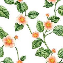 Delicate watercolor floral pattern of peach blossoms and leaves.